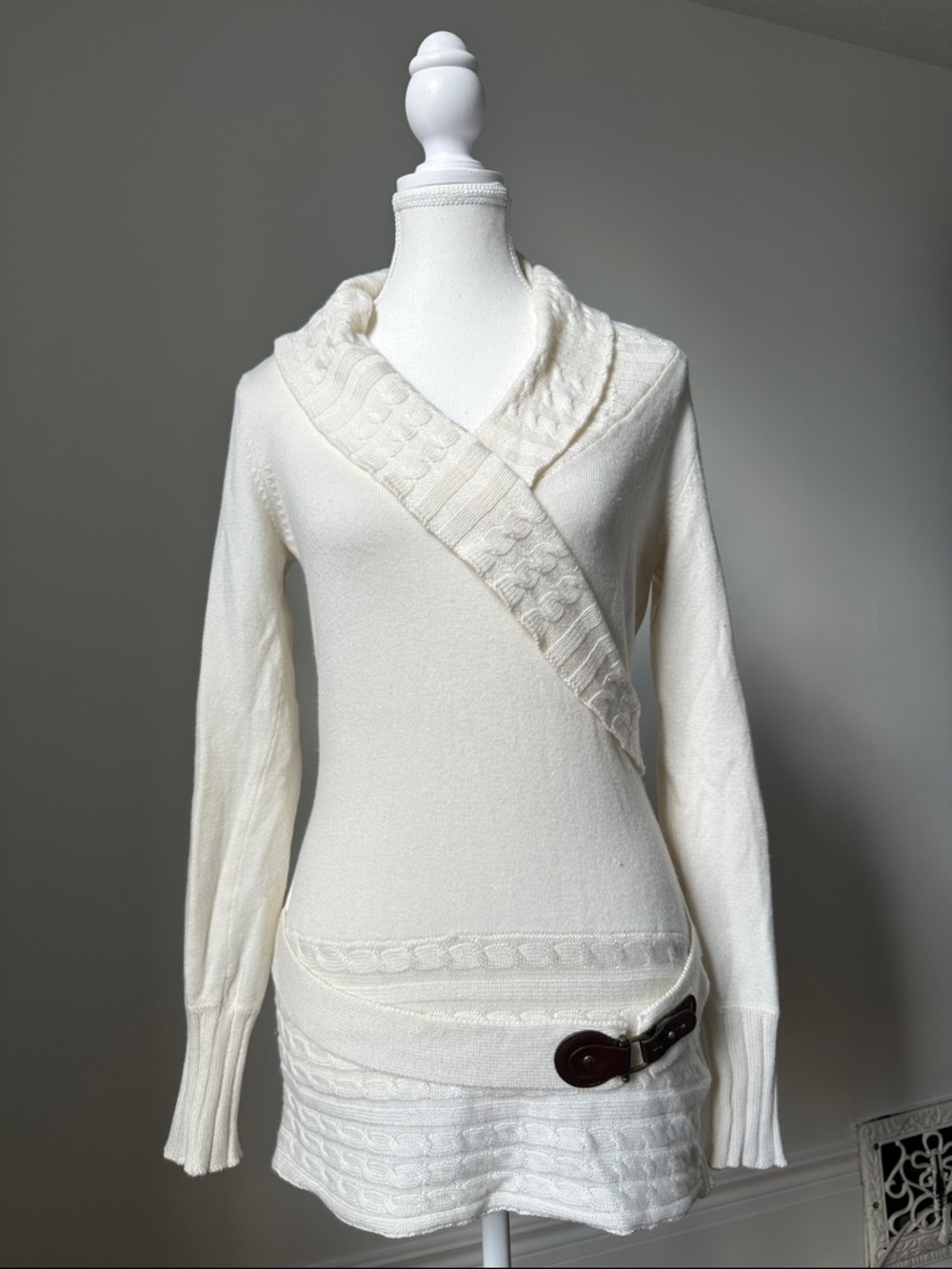 LE CHATEAU Y2K Cream Cable Knit Faux Wrap Cottage Boho Mini Dress Size Small‎
